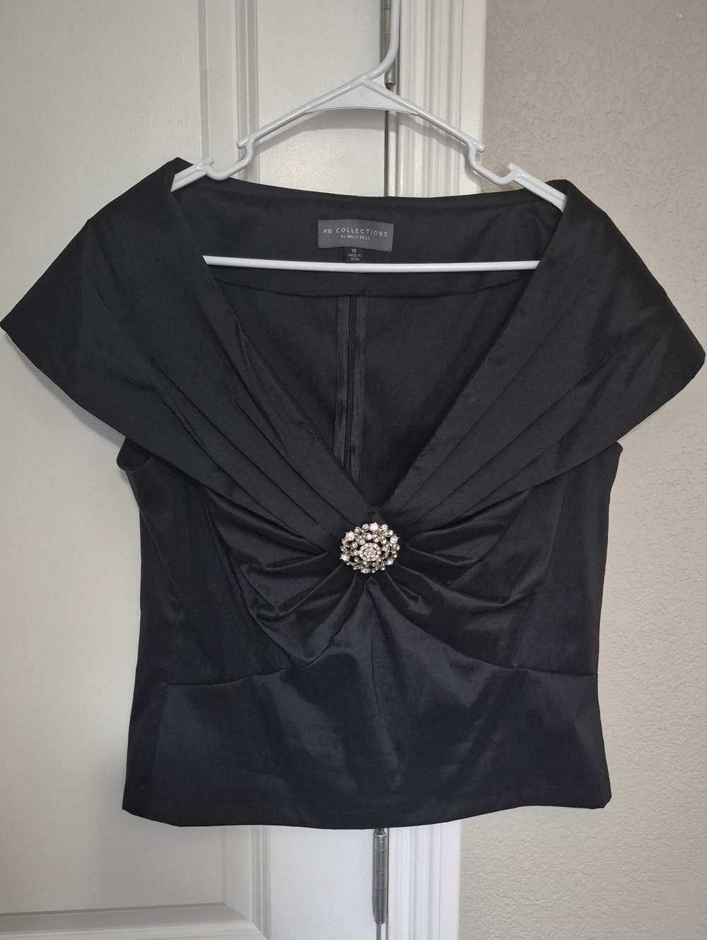 NY Collections Black Satin V-Neck Blouse with Jeweled Brooch